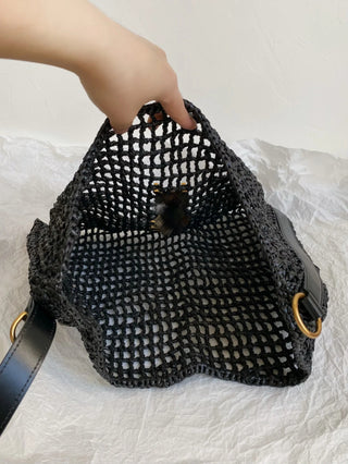 oxalis Raffia Woven Shoulder Bag, Black