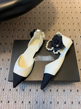 Pointed Toe Color Block Pearl Chain Mary Jane Shoes