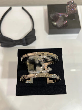 New Gold Full Diamond Double C Quilted Wide Open Bracelet