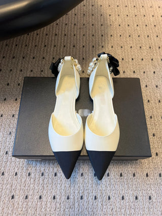 Pointed Toe Color Block Pearl Chain Mary Jane Shoes