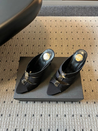 26ss Pointed-toe pleated strap mule high heels