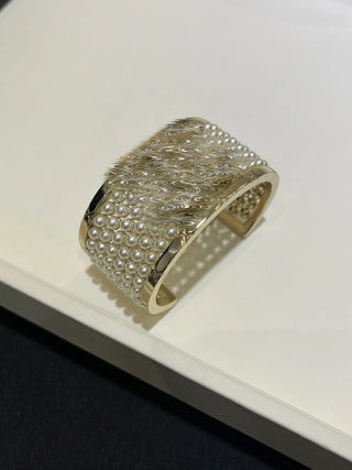 25A New Light Gold Double C Multi-layer Pearl Open Bangle