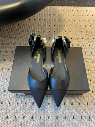 Pointed Toe Color Block Pearl Chain Mary Jane Shoes