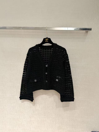 Openwork knit V-neck lace cardigan