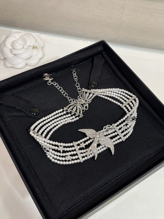 25s New Silver Bird Full Diamond Double C Five-Layer Pearl Necklace