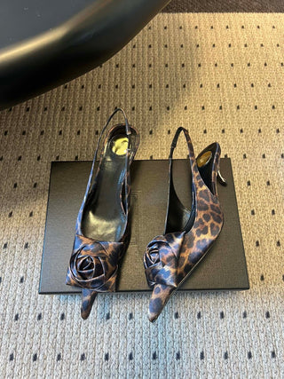 Rose-Embellished Pointed-Toe High-Heeled Sandals