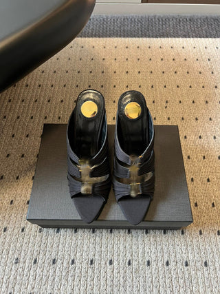 26ss Pointed-toe pleated strap mule high heels