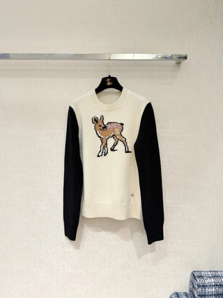 25N Deer Jacquard Crew Neck Cashmere Wool Sweater