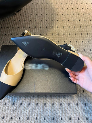 Pointed Toe Color Block Pearl Chain Mary Jane Shoes