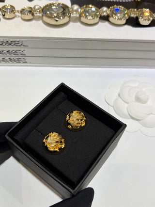 26C New Collection Gold Double C Stud Earrings with Full Diamond Embellishment and Gold Ball Detail