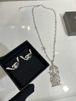 25s new silver full-diamond double C small puff sleeve earrings