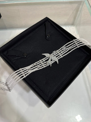 25s New Silver Bird Full Diamond Double C Five-Layer Pearl Necklace