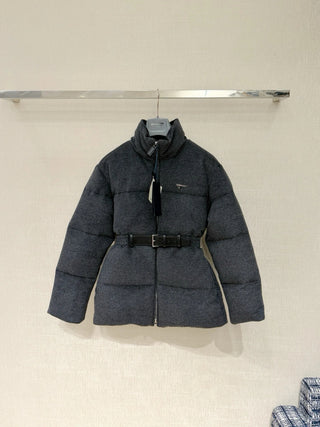 Autumn/Winter New Style Stand Collar Leather Belt Belt Wool Down Jacket