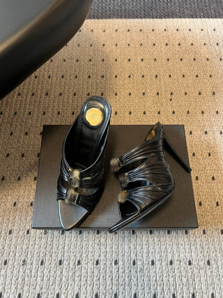 26ss Pointed-toe pleated strap mule high heels