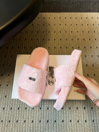 26ss Platform Flat-Toe Plush Slippers