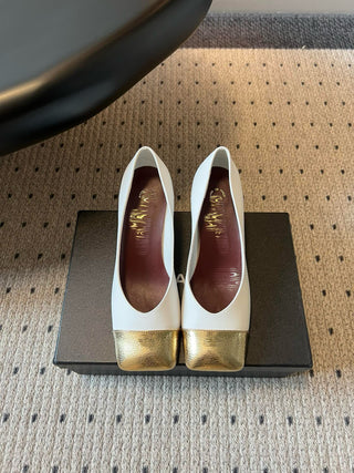 Chanel 26SS Early Spring New Square Toe Color Block Chunky Heel Shoes White Gold