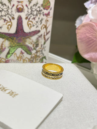 New Black Enamel Ring with Gold Lettering and Pave Diamonds