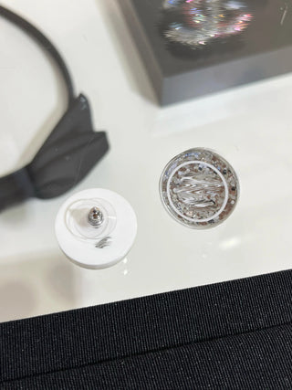 New white double C glitter acrylic round earrings