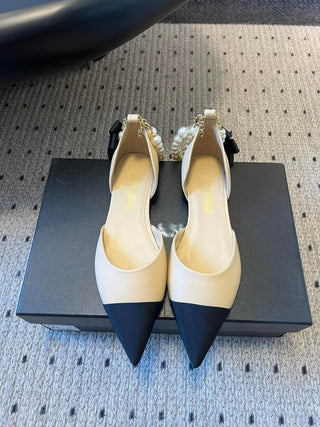 Pointed Toe Color Block Pearl Chain Mary Jane Shoes