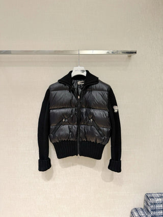 Simple Collared Wool Knit Patchwork Jacket with Single Down Jacket