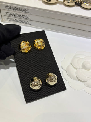 26C New Collection Gold Double C Stud Earrings with Full Diamond Embellishment and Gold Ball Detail