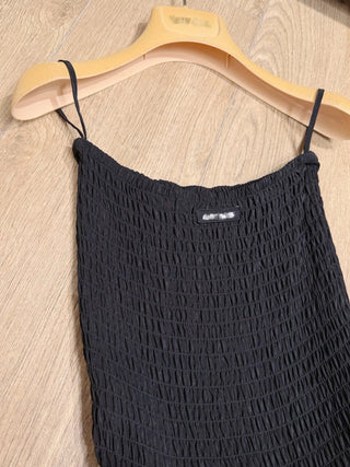 Early spring new arrival: Silk strapless flared dress with subtle logo detail.