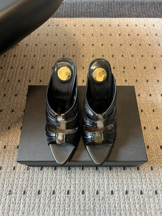 26ss Pointed-toe pleated strap mule high heels