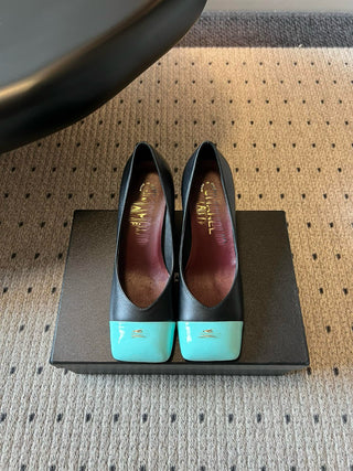 Chanel 26SS Early Spring New Square Toe Color Block Chunky Heel Shoes Mint Green