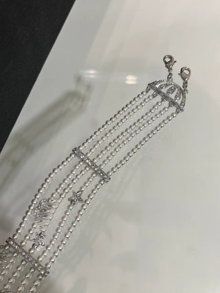 25s New Silver Bird Full Diamond Double C Five-Layer Pearl Necklace