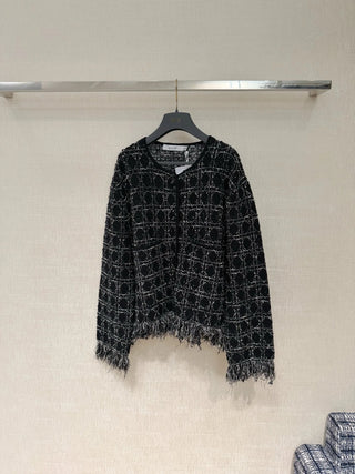 26 Early Spring New Collection: Tweed Cardigan with Woven Pattern and Tassels