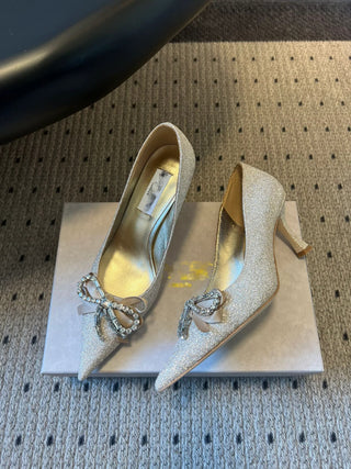 Elegant Rhinestone Bow Pointed-Toe High Heels