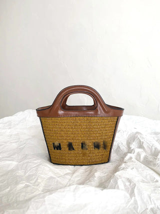 Woven straw mini shopping basket, brown