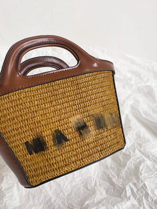 Woven straw mini shopping basket, brown