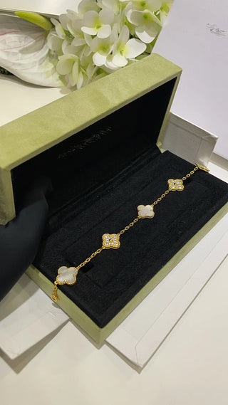 Four-Leaf Clover White Mother-of-Pearl Full Diamond Five-Color Bracelet