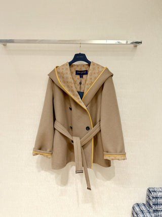 1V New Wool Monogram Canvas Tie-Waisted Hooded Short Coat