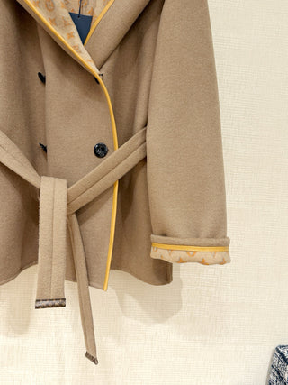 1V New Wool Monogram Canvas Tie-Waisted Hooded Short Coat