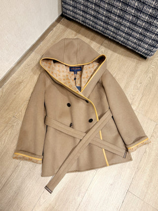 1V New Wool Monogram Canvas Tie-Waisted Hooded Short Coat