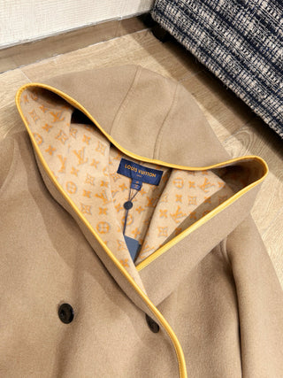 1V New Wool Monogram Canvas Tie-Waisted Hooded Short Coat