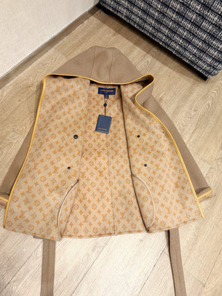 1V New Wool Monogram Canvas Tie-Waisted Hooded Short Coat