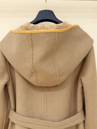 1V New Wool Monogram Canvas Tie-Waisted Hooded Short Coat