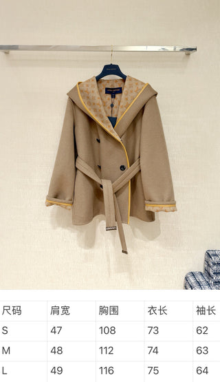 1V New Wool Monogram Canvas Tie-Waisted Hooded Short Coat