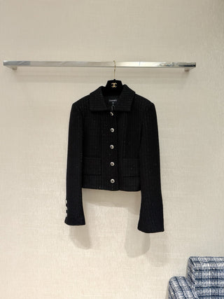 Chane* 25K Black Tweed Sequined Jacket: Charcoal Black Woven Fabric Interwoven with Sequins