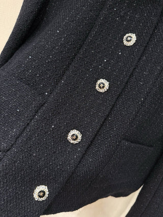 Chane* 25K Black Tweed Sequined Jacket: Charcoal Black Woven Fabric Interwoven with Sequins