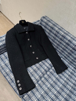Chane* 25K Black Tweed Sequined Jacket: Charcoal Black Woven Fabric Interwoven with Sequins