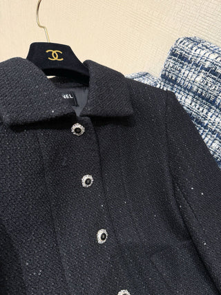 Chane* 25K Black Tweed Sequined Jacket: Charcoal Black Woven Fabric Interwoven with Sequins