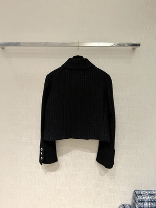 Chane* 25K Black Tweed Sequined Jacket: Charcoal Black Woven Fabric Interwoven with Sequins