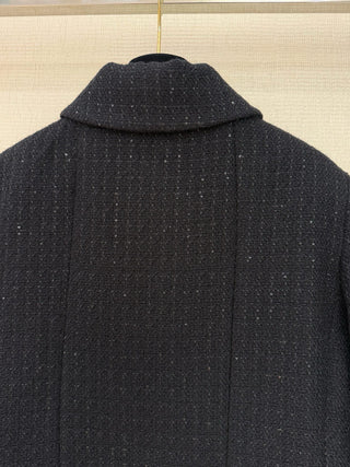 Chane* 25K Black Tweed Sequined Jacket: Charcoal Black Woven Fabric Interwoven with Sequins