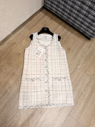 Chane* Métiers d'Art collection patchwork tweed and tulle vest dress