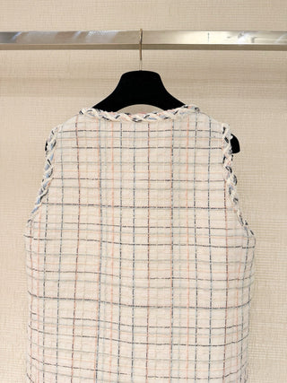 Chane* Métiers d'Art collection patchwork tweed and tulle vest dress