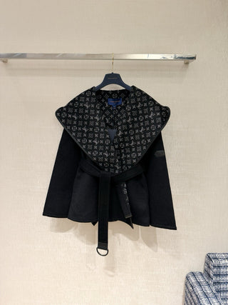 1V New Wool Monogram Canvas Tie-Waisted Hooded Short Coat